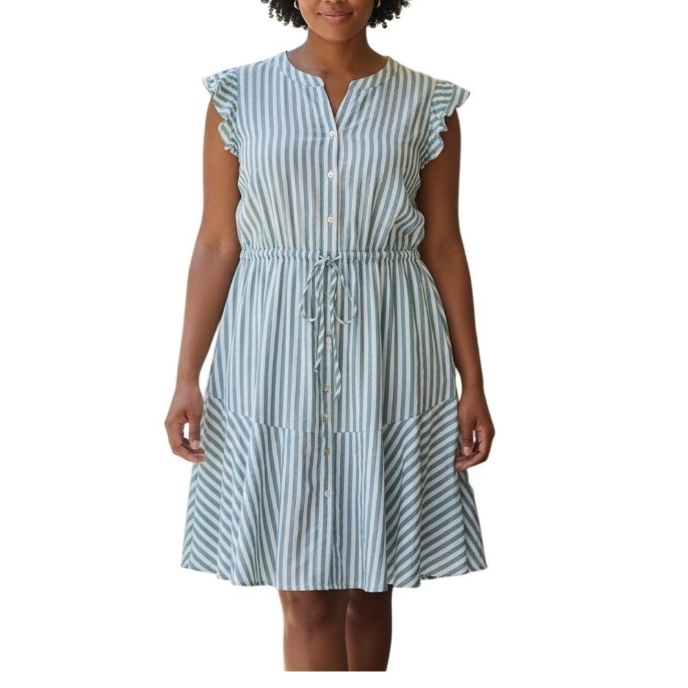 Heyson 1XL Blue White Stripe Dress Ruffle Sleeve Button Front Tie Waist Boho NWT